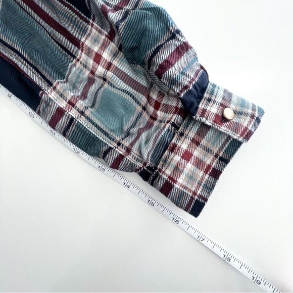 Dex Shirt Plaid Top Teal Black Burgundy Button Up Curved Bottom Women's M Rayon - Picture 8 of 9